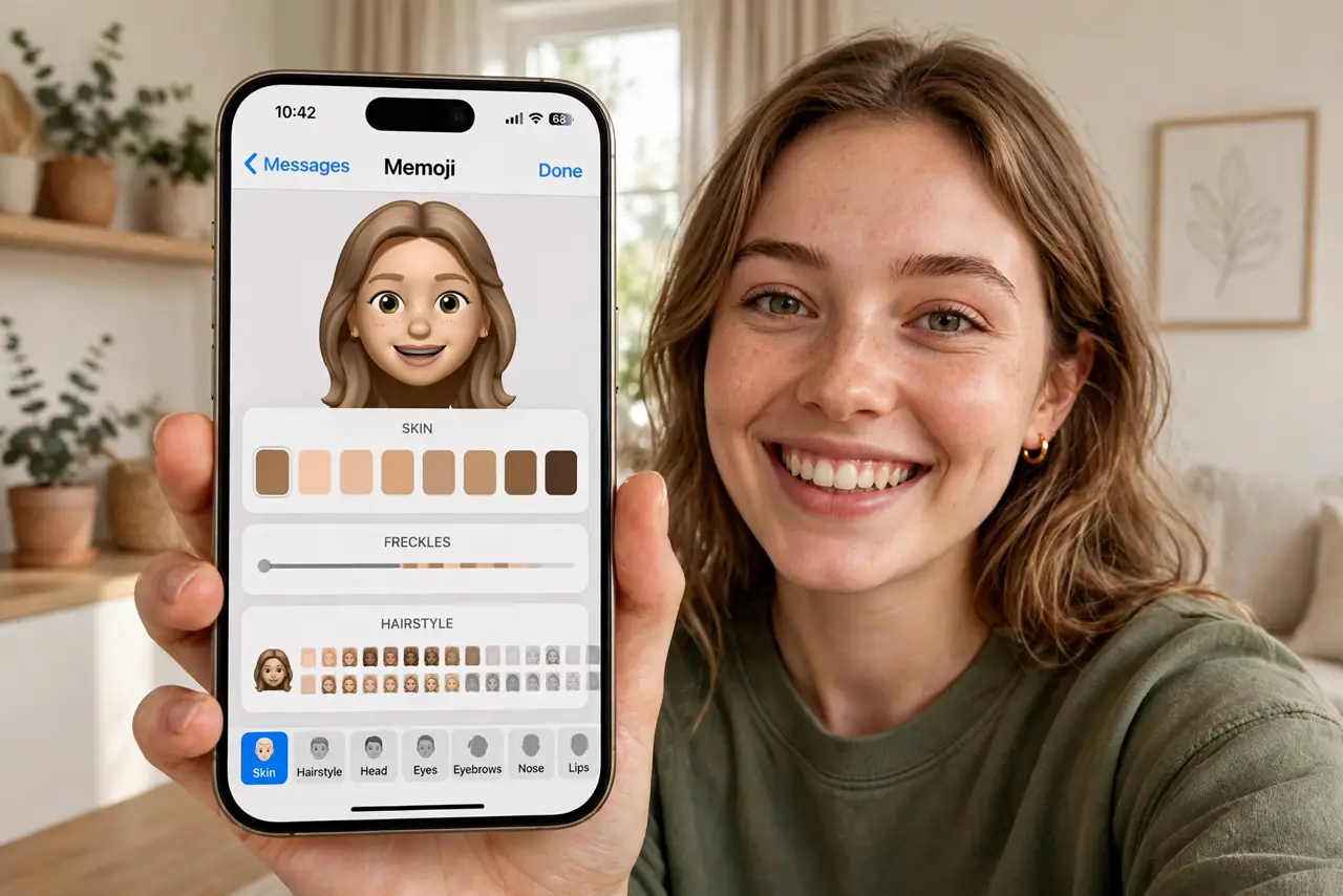a person holding a real iPhone showing a Memoji creation screen next to their smiling face, the Memoji resembling them, bright home setting. No black screen, no blank white screen,.