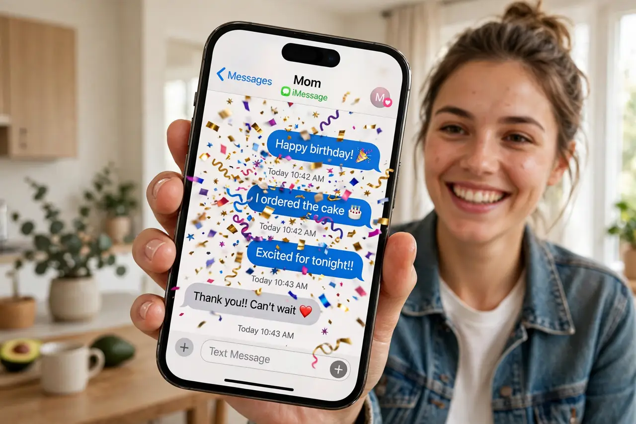 a person holding a real iPhone showing a Messages conversation with confetti effect bursting on screen, the person smiling, bright home setting. No black screen, no blank white scr.
