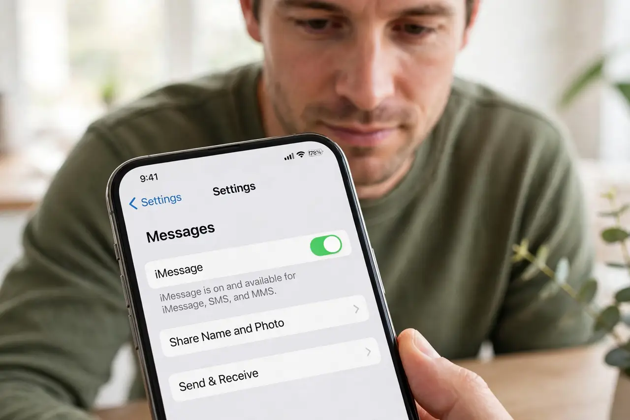 Person performing step 1: Turn iMessage on. Open Settings, then Messages, and make sure iMessage is on. If it was off, every message sends as green SMS, even to...
