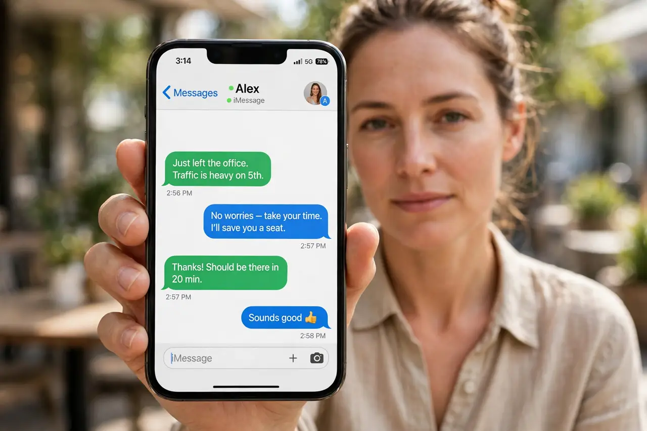 Photorealistic photo: A calm adult holding an iPhone toward the viewer, the real iPhone screen showing the Messages app with green and blue bubbles legible.