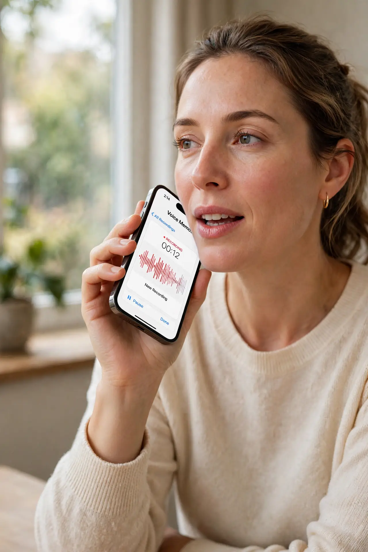 a calm adult holding a real iPhone while speaking on a call, a voice memo screen visible on the real screen complete and legible, the person speaking clearly and calmly.