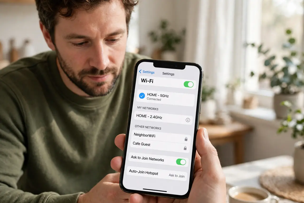 a relaxed adult holding a real iPhone at home, Wi-Fi settings visible on the real screen with a connected network complete and legible, the person checking connection calmly.