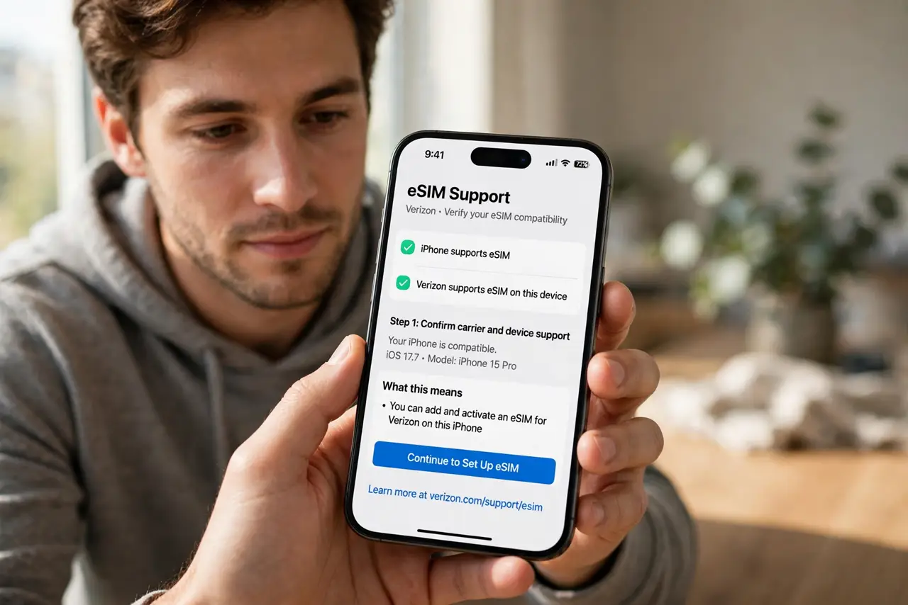 A person carrying out step one: confirm your phone and carrier support it.