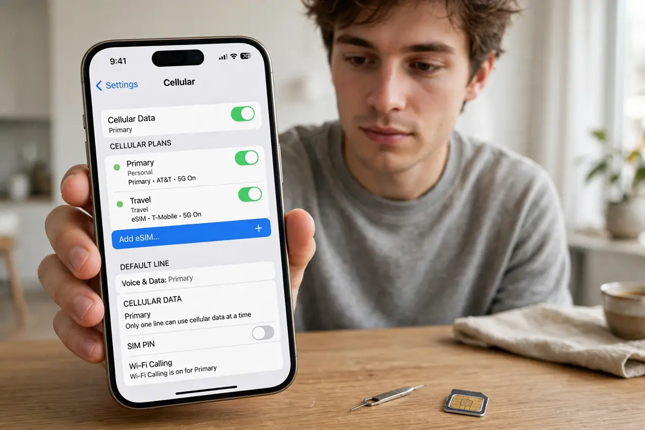 A person holding a real iPhone showing the cellular settings screen with eSIM options legible, a small SIM ejector tool and old SIM card on the table beside…