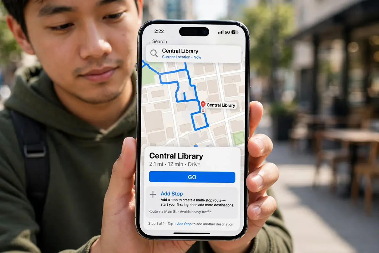 A person performing the first step of the guide: Start with your first destination. Search and route to stop one normally. The multi-stop magic builds on a.