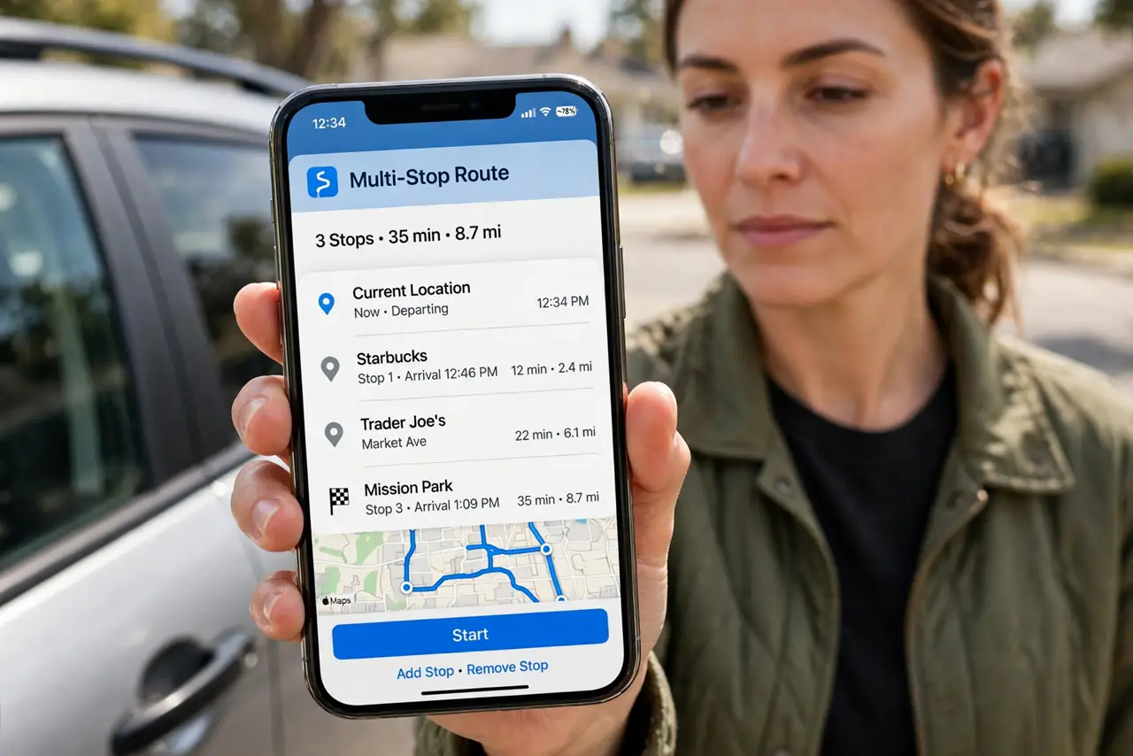 A person holding a real iPhone showing Apple Maps with a multi-stop route listing three destinations with legible names and times, the person.