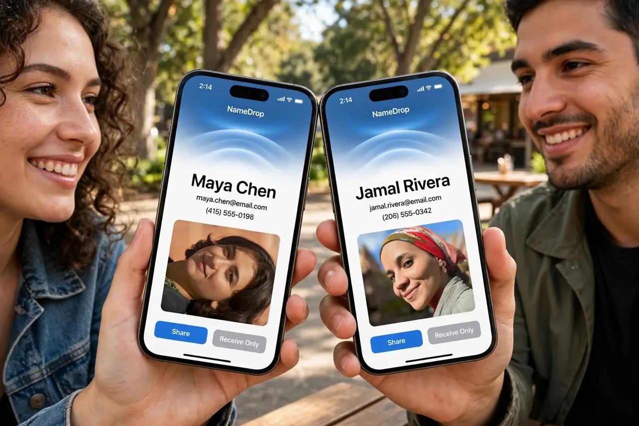 Two people holding real iPhones top-to-top with the NameDrop contact card animation fully legible on screen, both faces friendly, outdoors in daylight.