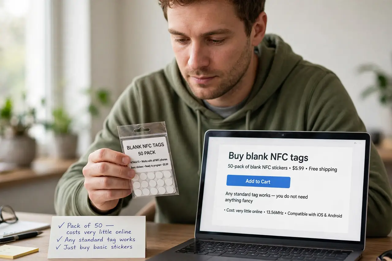 A person performing the first step of the guide: Buy blank NFC tags.