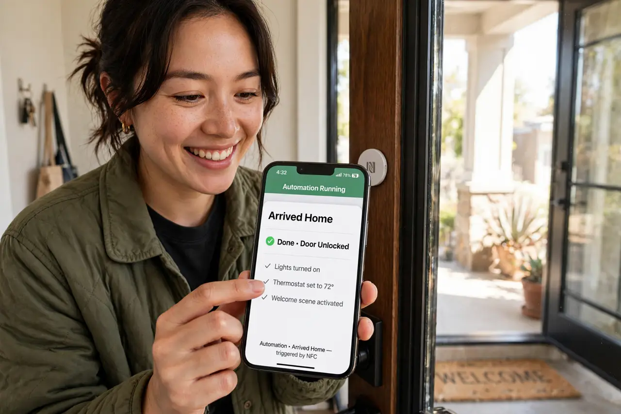 a person tapping a real iPhone on a small NFC tag stuck by a front door, the automation visibly triggering with legible text, the person's face delighted, entryway.