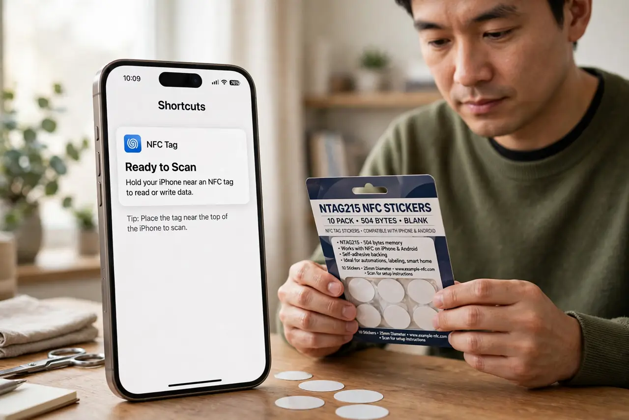 Photoreal photo of a person performing the first step: Buy the right blank tags. Get NTAG215 stickers — the widely compatible type both iPhone and And