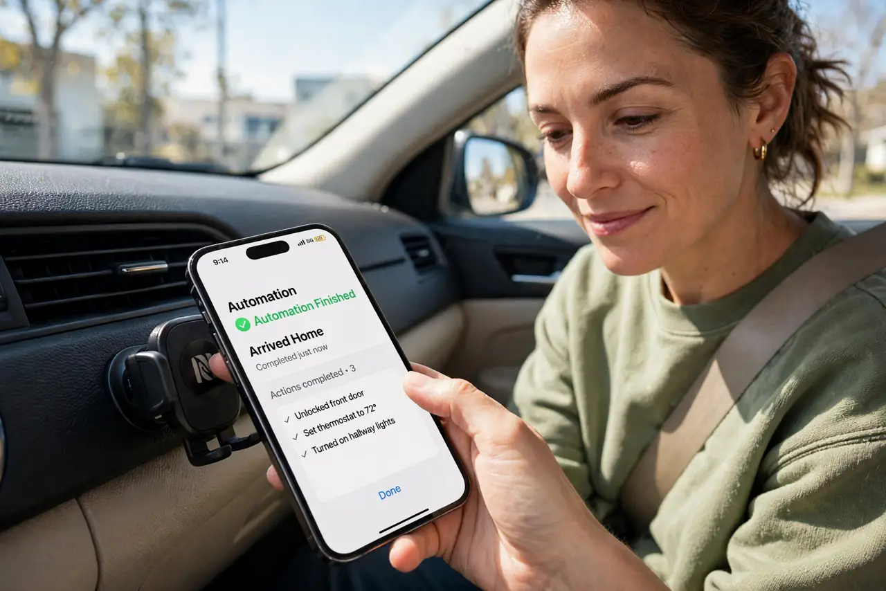 Photoreal photo: a person tapping a real iPhone against a small NFC sticker on a car dashboard mount, the phone screen showing a legible automation confirmation, the person's face pleased, car interior daylight. No black screen, no bl