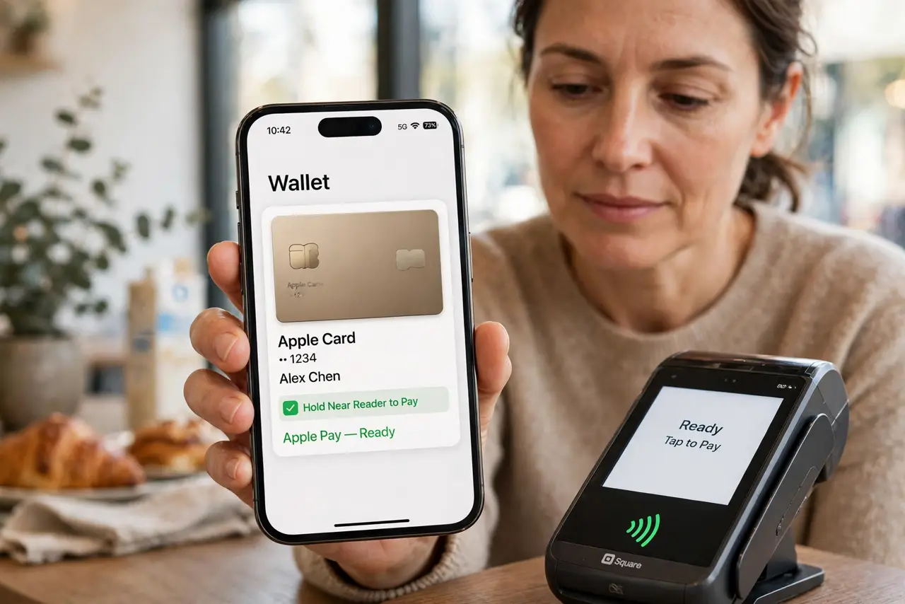 Photorealistic photo: A calm adult tapping an iPhone against a payment reader, the real iPhone screen showing the Wallet card ready and legible.