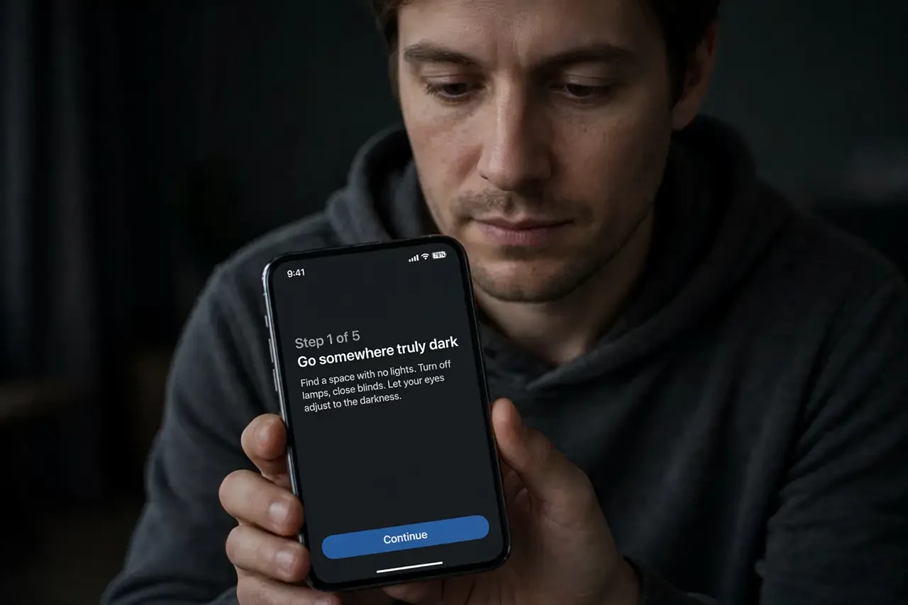 Person performing step 1: Go somewhere truly dark. Move to a genuinely dark room or outdoors at night. Night Mode does not trigger in a dim but lit room, since...