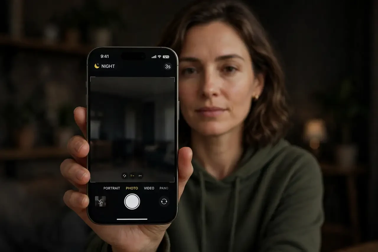 Photorealistic photo: A calm adult in a dim room holding an iPhone toward the viewer, the real iPhone screen showing the Camera app with the Night Mode icon and exposure time legible.