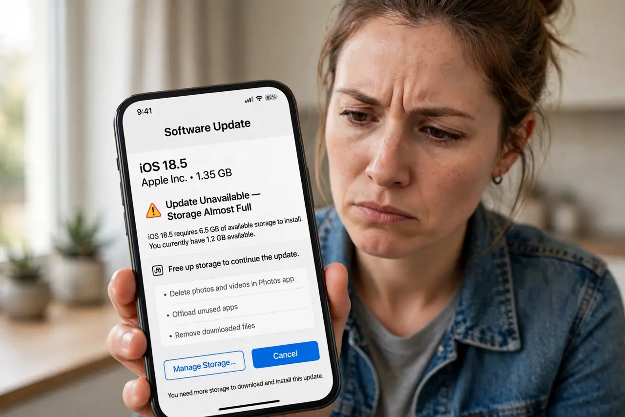 'Not Enough Storage' to Update iPhone — an impatient adult looking at an iPhone showing a software update blocked by storage warning with fully legibl