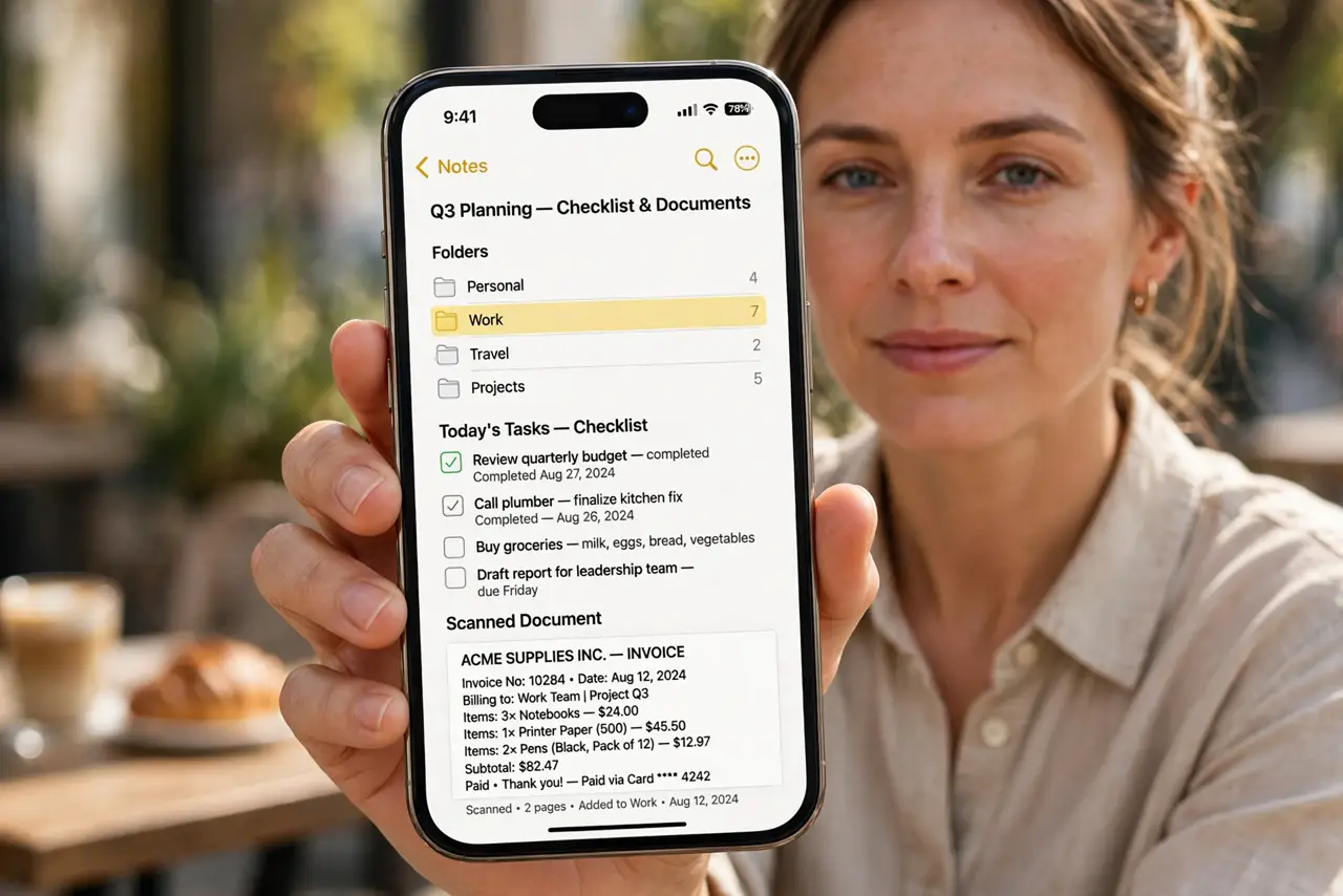 A person holding a real iPhone showing the Notes app with organized folders, a checklist, and a scanned document, all text legible on screen, the person's face…