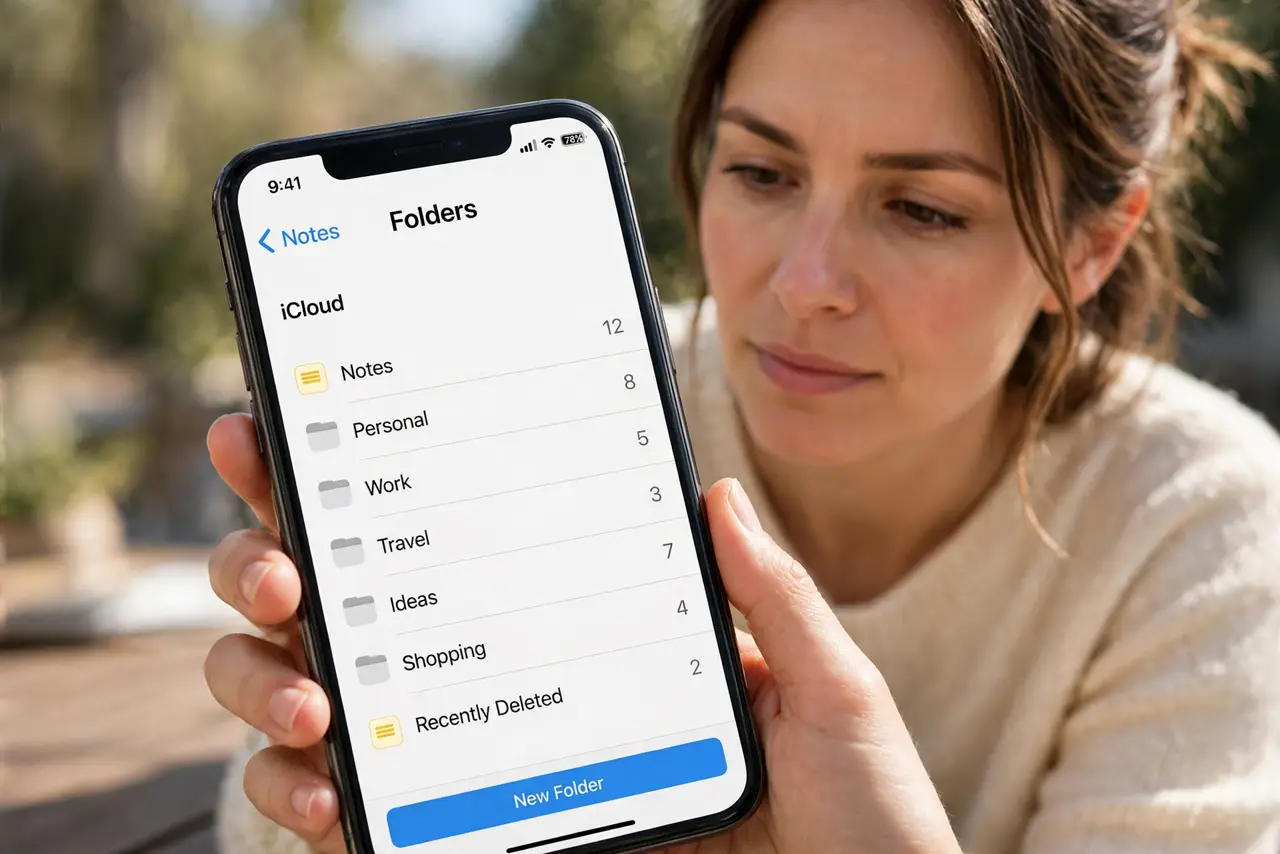Person performing step 1: Check every Notes folder. Open Notes, tap Folders, and look under each account, including iCloud and On My iPhone. A note saved to one...