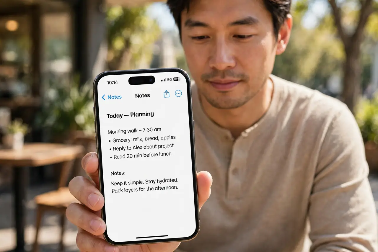Photorealistic photo: A calm adult holding a real iPhone, the real Notes app visible complete and legible with a note open, the person reading calmly.