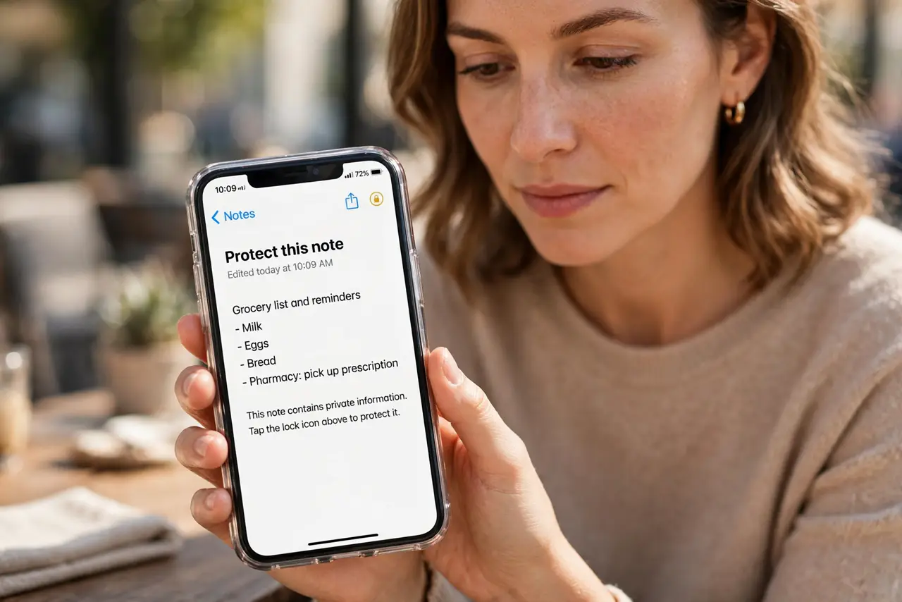 A person calmly performing the guide's first step: Open the note you want to protect.