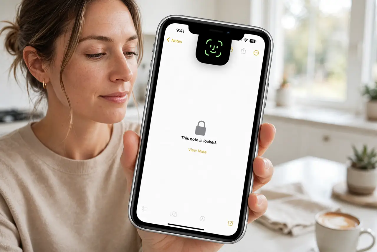 a person holding a real iPhone showing a locked note with the Face ID prompt legible, the person's face calm, bright room. No black screen, no blank white screen, no fake or garble.