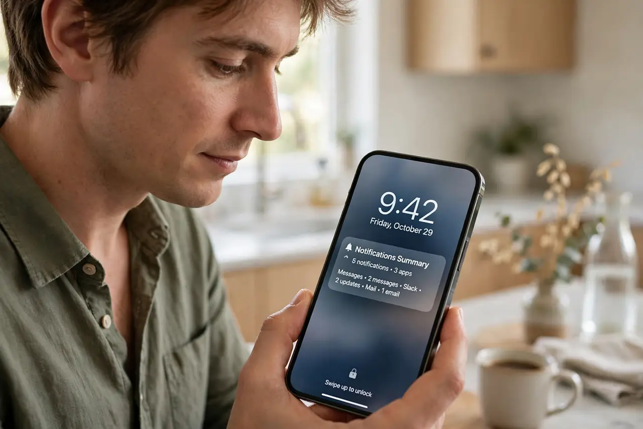 a person glancing at a real iPhone lock screen showing a single grouped notification summary instead of dozens of alerts, the person's face calm, morning kit...