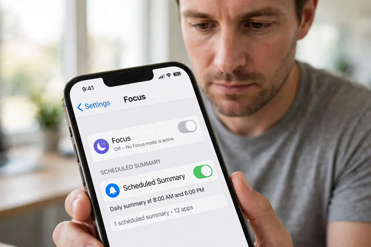 Person performing step 1: Turn off Focus and check Scheduled Summary. Open Settings, then Focus, and make sure no Focus is on. Then check Settings, then...