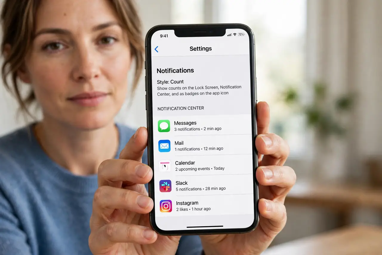 Photorealistic photo: A calm adult holding an iPhone toward the viewer, the real iPhone screen showing Settings, Notifications, with an app notification list legible.