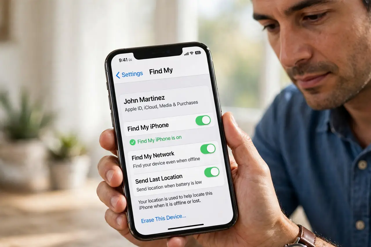 Step 1 in action for How iPhone Finding Works With No Signal: Confirm Find My iPhone is on.