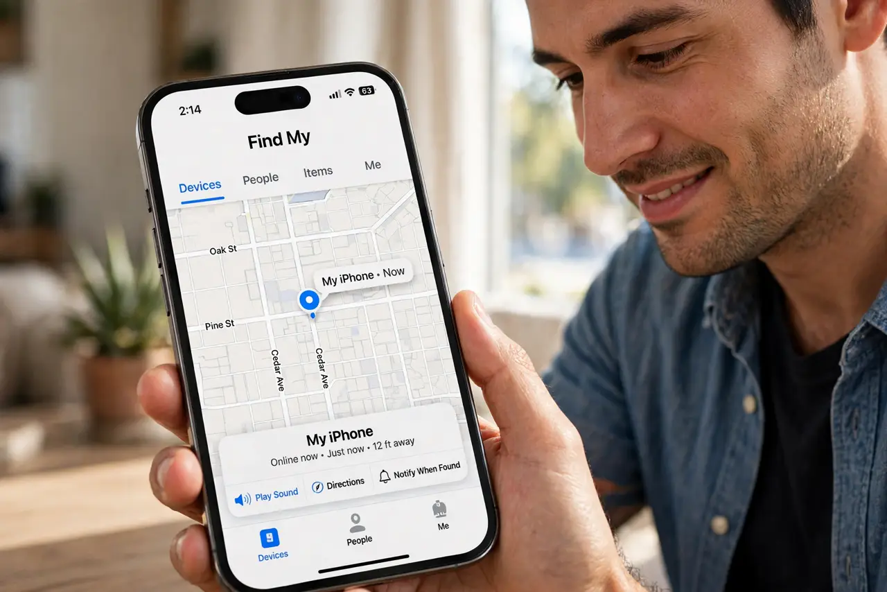 How iPhone Finding Works With No Signal — a person looking at a real iPhone showing the Find My map with a located device pin fully legible, the person'