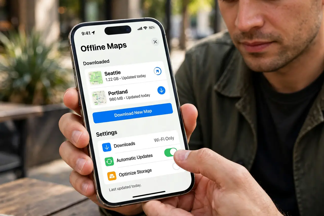 A person performing step 1: Open Offline Maps.