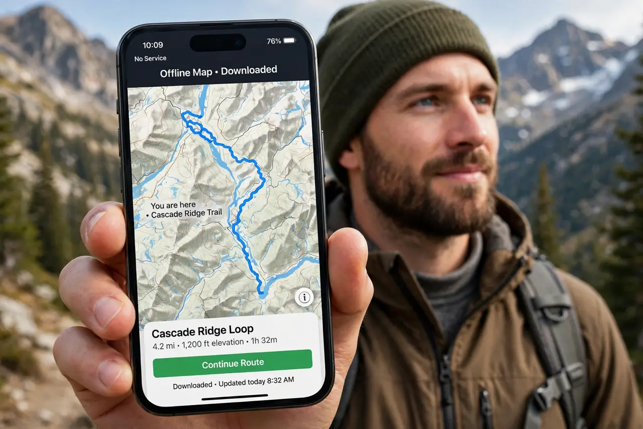 A hiker checking a downloaded offline map on a real iPhone with the trail and route fully legible, no signal bars on screen, mountains behind, the person's face confident.