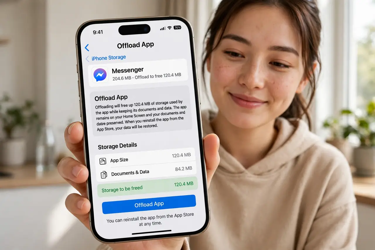 a person holding a real iPhone showing the Offload App screen with legible storage details, the person's face relieved, bright room.