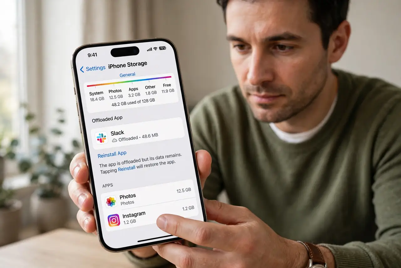 Offload Unused Apps Deletes App Data Too — step 1 being performed on the device.