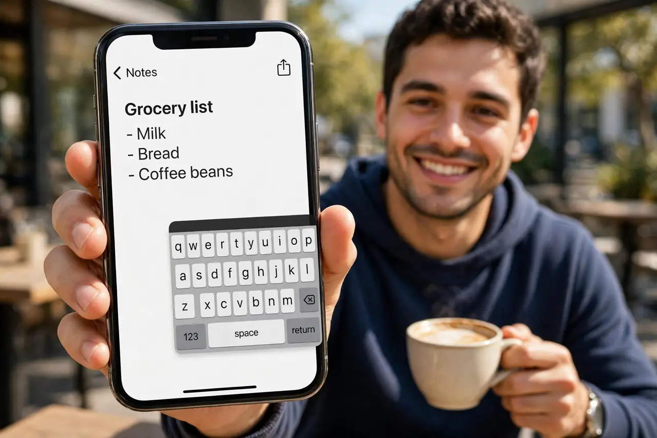 A person holding a large real iPhone in one hand with a coffee cup in the other, the keyboard visibly shrunken to the right side of the screen with keys fully legible, the person's face content.