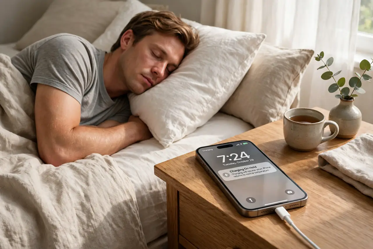 a person asleep in bed with a real iPhone charging on the nightstand showing a legible hold-at-80 notification, soft morning light.