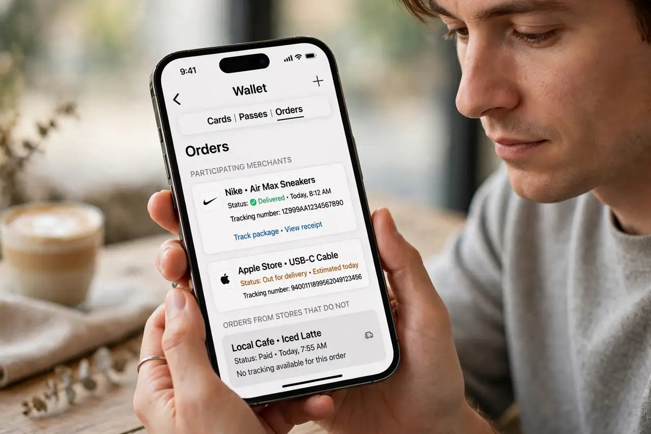 A person performing step 1: Understand what the wallet tracks. The wallet shows orders from participating merchants: item, status, and tra.