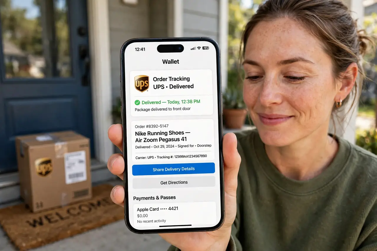 A person holding a real iPhone showing a legible wallet screen with an order tracking card and delivery status, a delivered package on the doorstep in the background,.