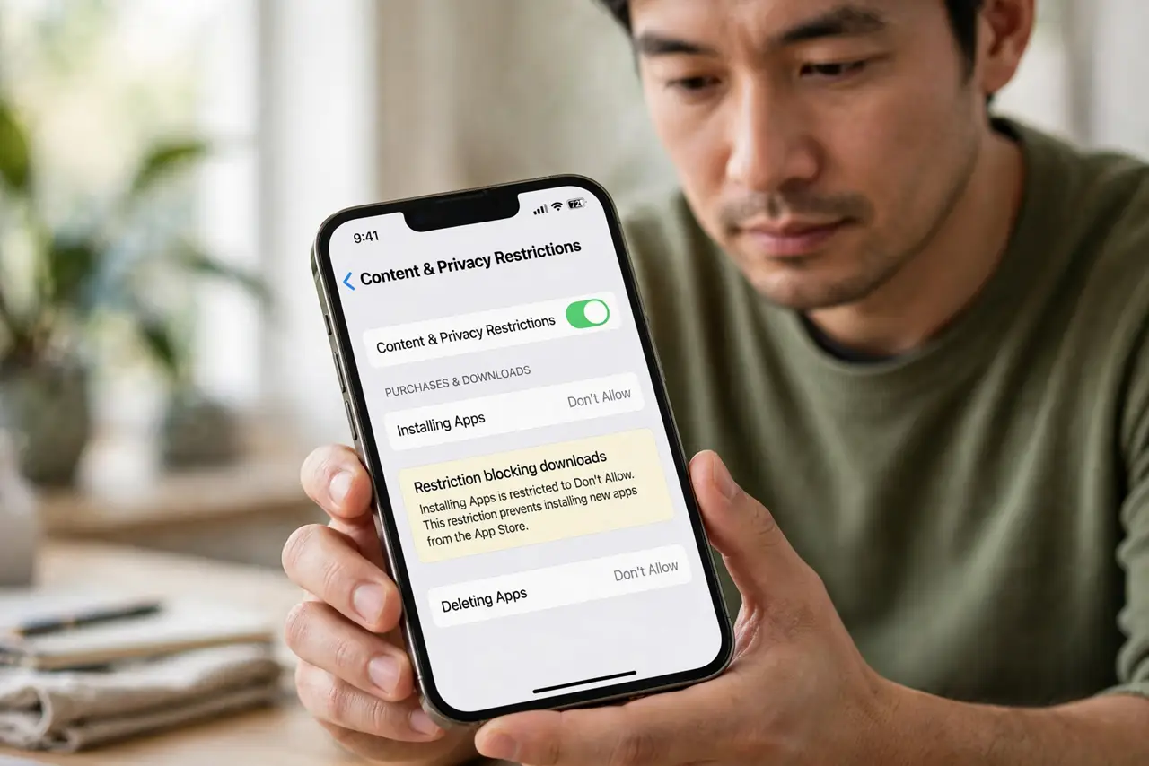 Person performing step 1: Find which restriction blocks it. Open Settings, then Screen Time, then Content and Privacy Restrictions, and note what is restricted....