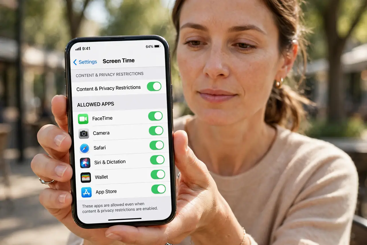 Photorealistic photo: A calm adult holding an iPhone toward the viewer, the real iPhone screen showing Settings, Screen Time, Content and Privacy Restrictions, with an allowed app toggle legible.