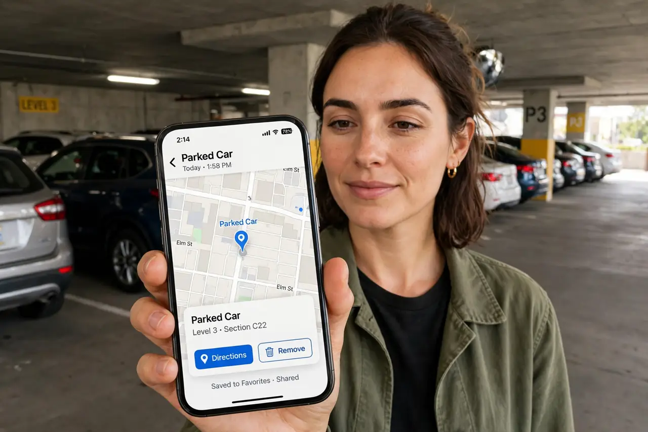 a person holding a real iPhone showing a legible map with a parked-car pin, a parking garage with rows of cars behind them, the person's face relieved, garage.