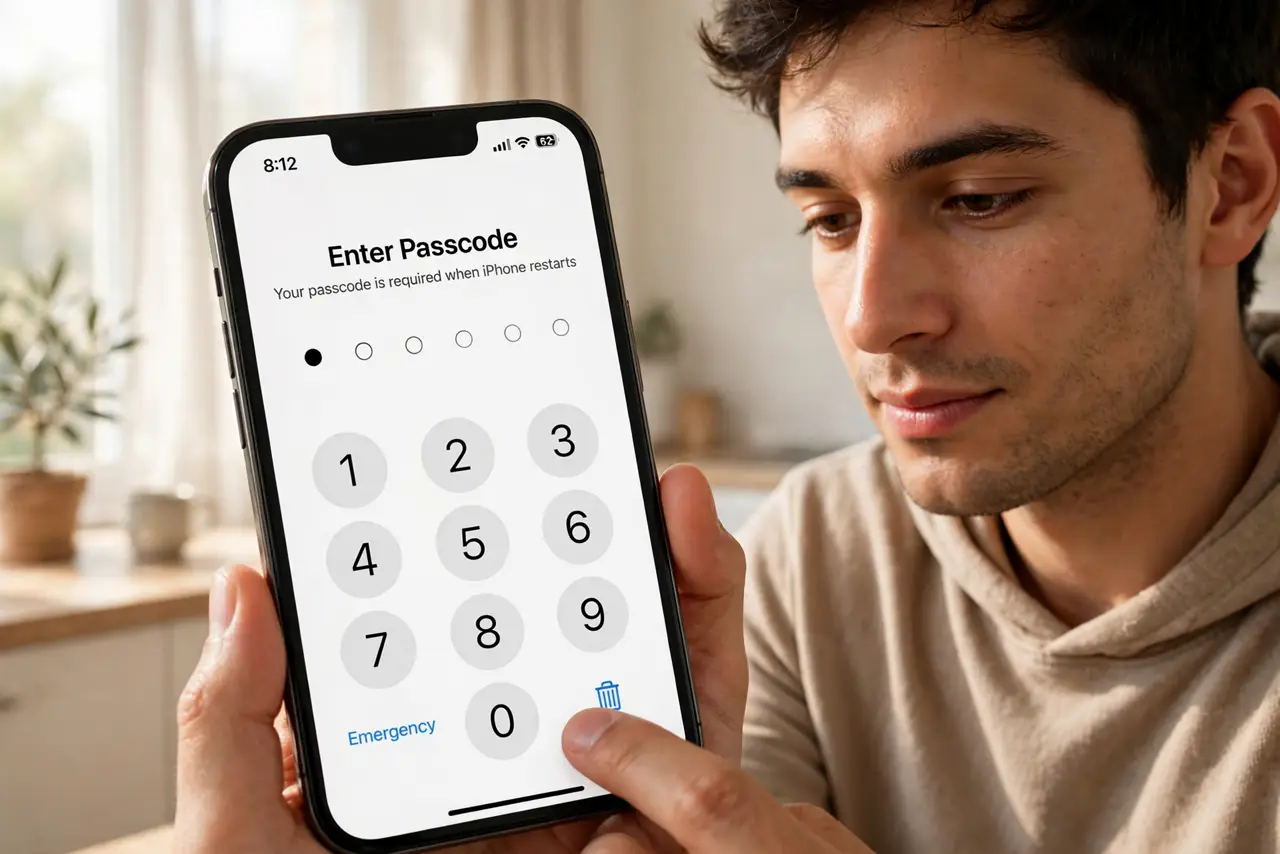 Why iPhone Demands the Passcode After Restart — a person typing a passcode on a real iPhone showing the numeric passcode entry screen fully legible, just afte