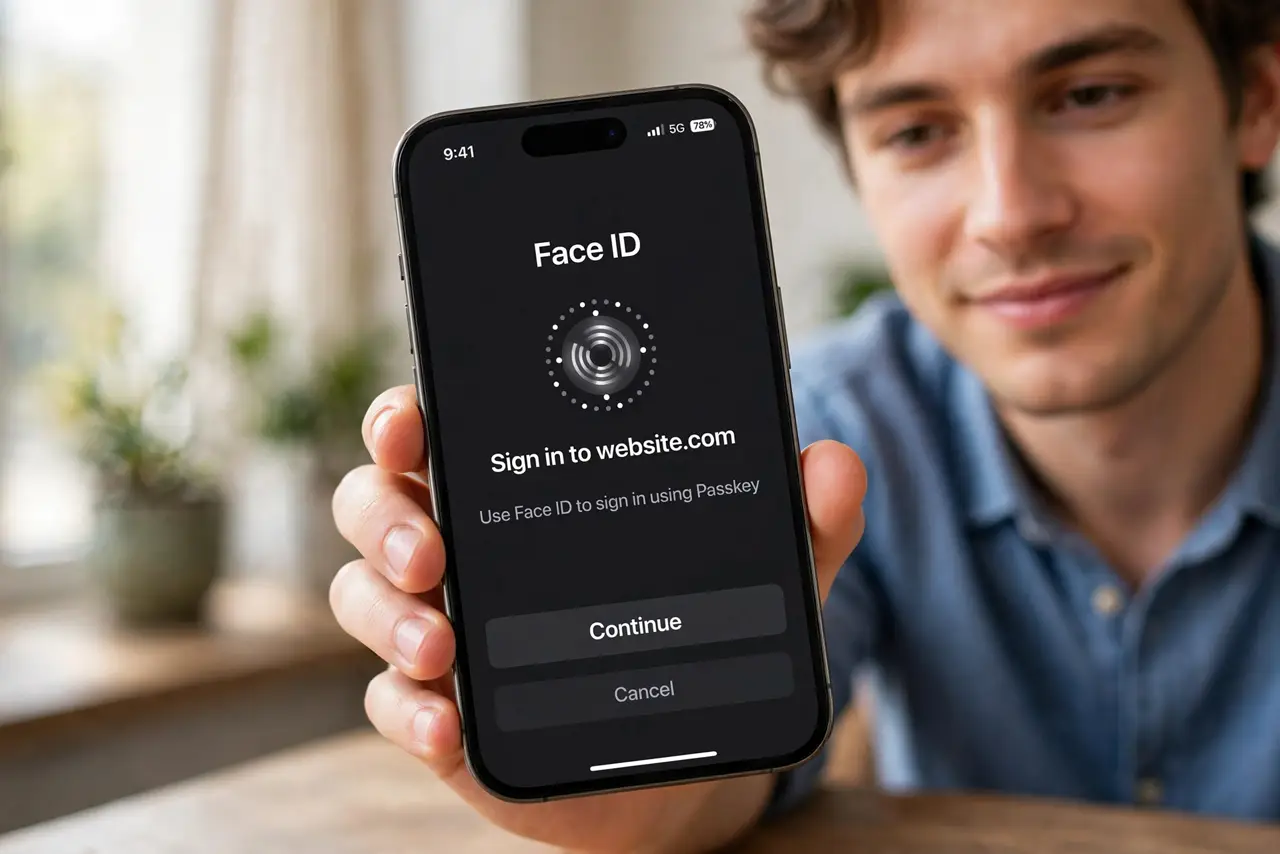 A person signing into a website on a real iPhone, the Face ID confirmation overlay for a passkey fully legible on screen, the person's face calm with a slight smile.