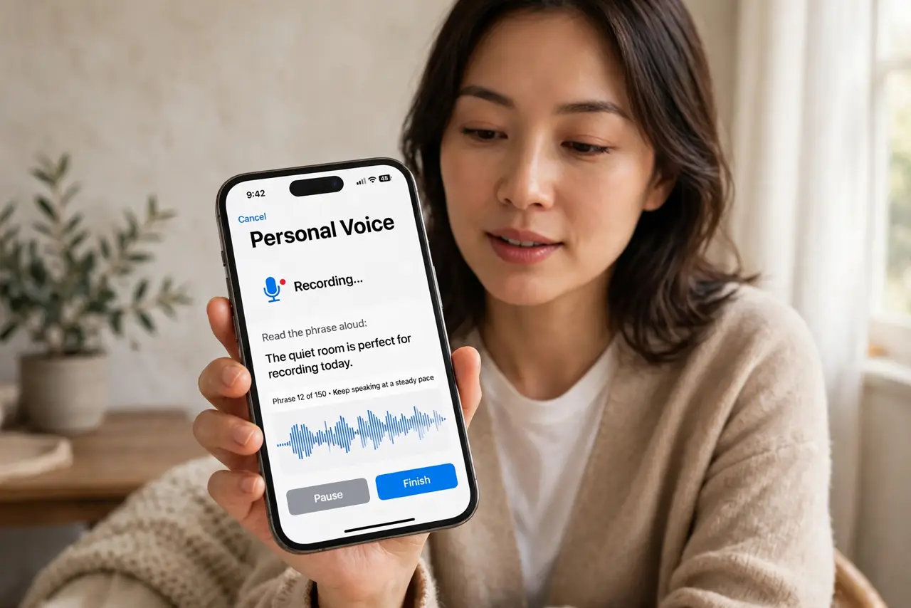 a person reading training phrases into a real iPhone in a quiet room, the Personal Voice setup screen legible, the person's face calm, soft home light. No black screen, no blank wh.