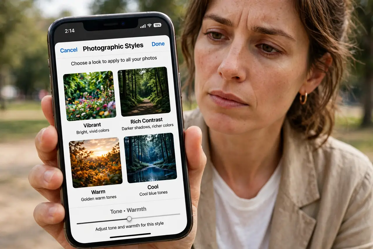 A person holding a real iPhone showing the Photographic Styles picker with the four style previews fully legible, the person's face thoughtful, outdoors in daylight.