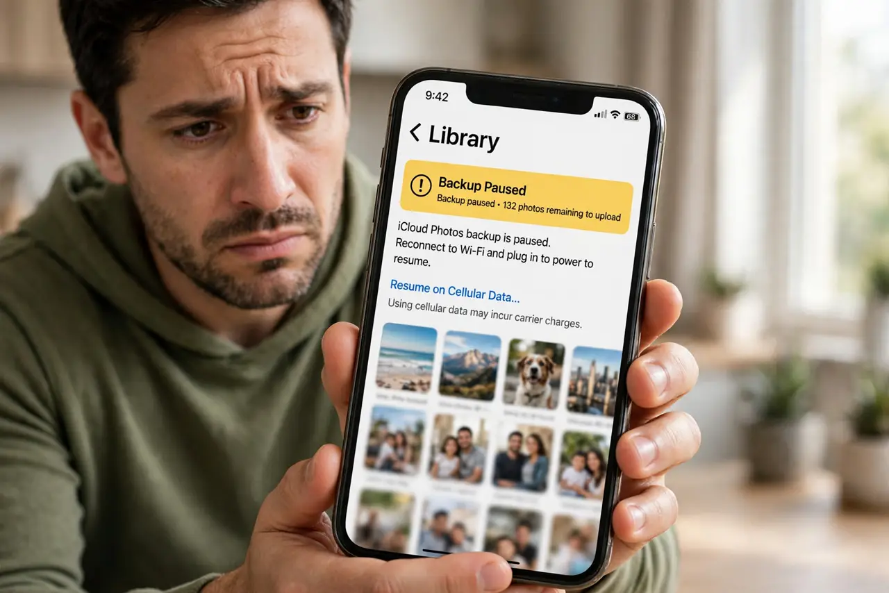 iPhone Photos Not Backing Up on Wi-Fi — a worried adult looking at an iPhone Photos app showing backup paused with fully legible status text, strong W