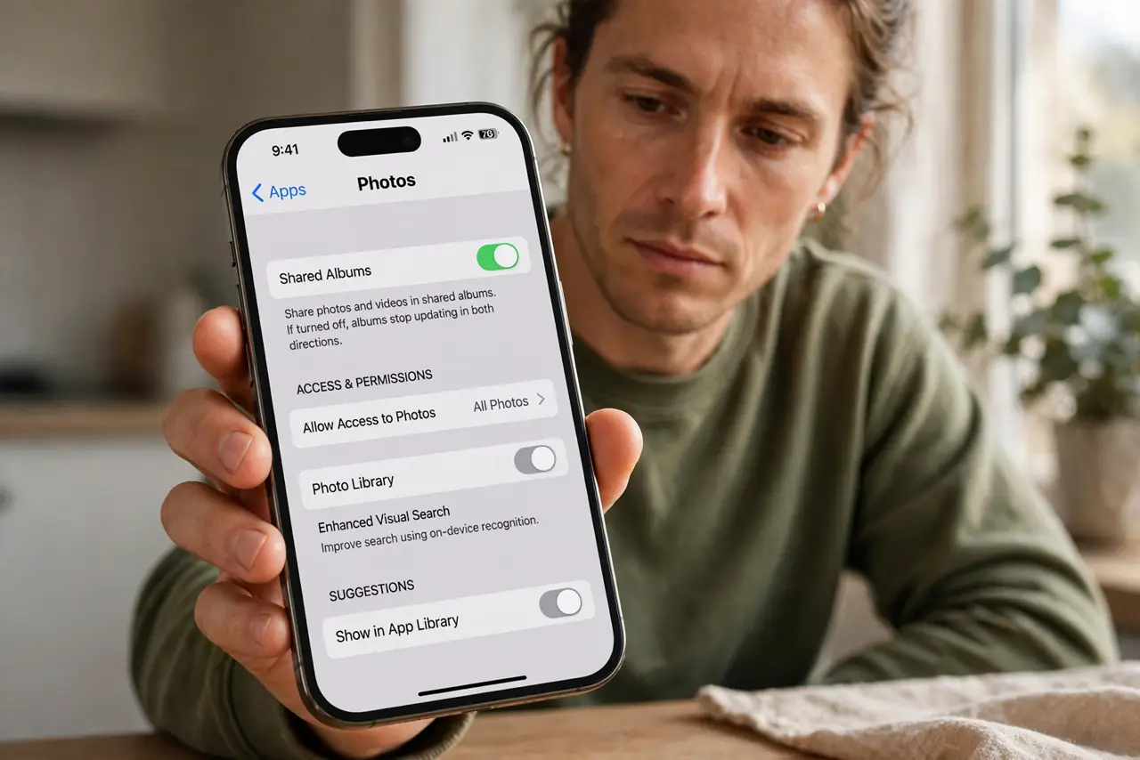 A Shared Album Stops Updating on iPhone — step 1 being performed on the device.