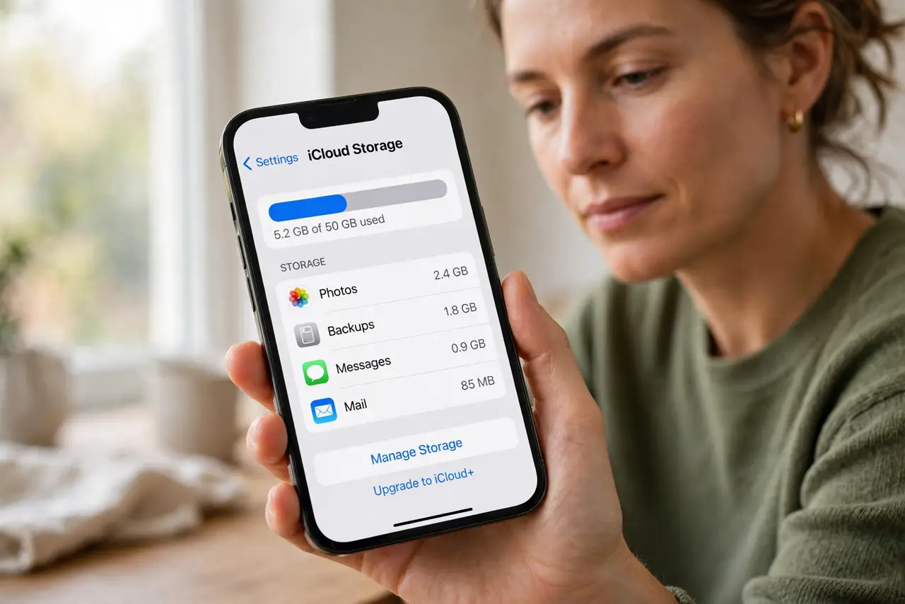 Person performing step 1: Check iCloud storage first. Open Settings, tap your name, then iCloud, and check the storage bar. If iCloud is full, uploads stop...