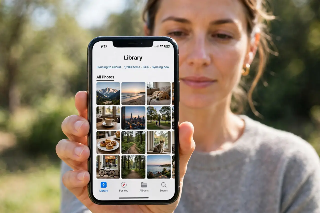 Photorealistic photo: A calm adult holding an iPhone toward the viewer, the real iPhone screen showing the Photos app Library view with a syncing status line legible.