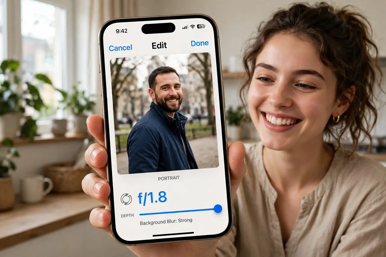 A person editing a real portrait photo on a real iPhone with the depth slider and f-number fully legible, the background blur visibly changing, the person's face pleased, indoors.