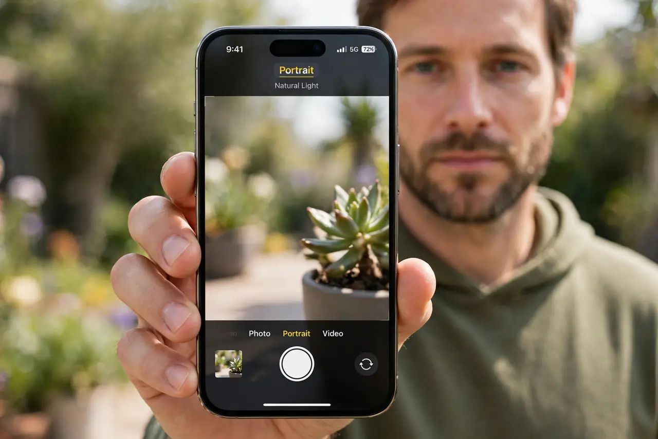 Photorealistic photo: A calm adult holding an iPhone toward the viewer, the real iPhone screen showing the Camera app in Portrait mode with a subject in focus and background blurred, legible.